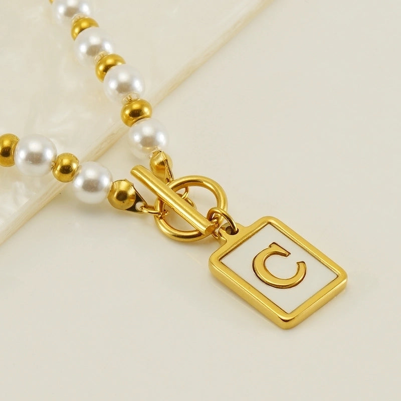 Stainless Steel 18K Gold Plated Elegant French Style Pearl Plating Inlay Letter Shell Pendant Necklace