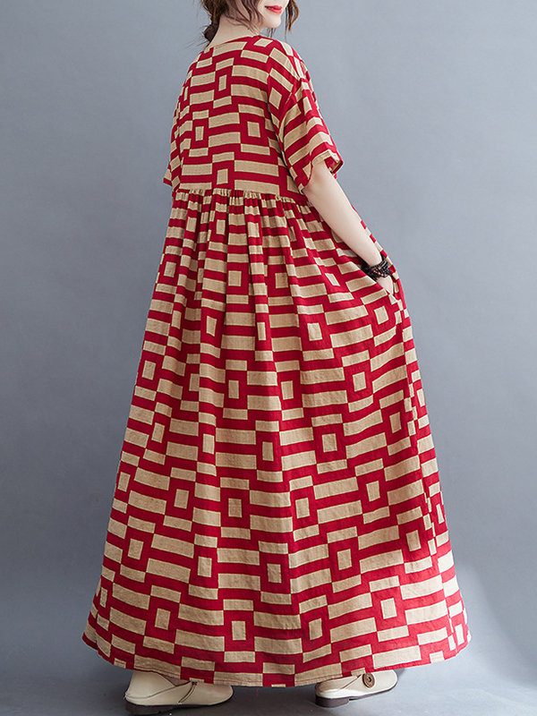 Loose Short Sleeves Plaid Round-Neck Midi Dresses