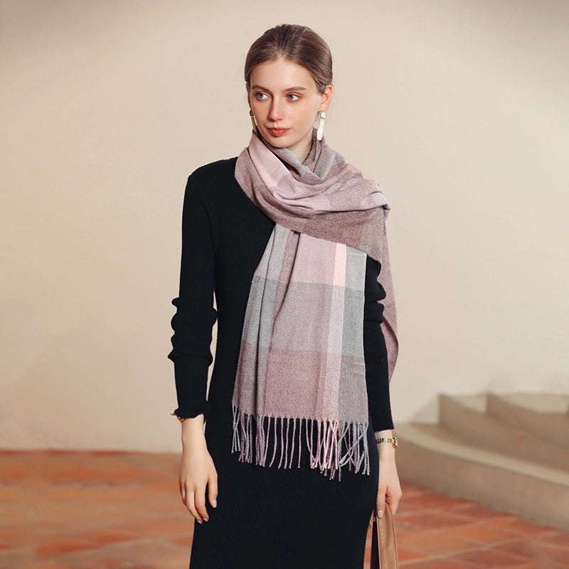 Unisex Lady Lattice Imitation Cashmere Tassel Scarf