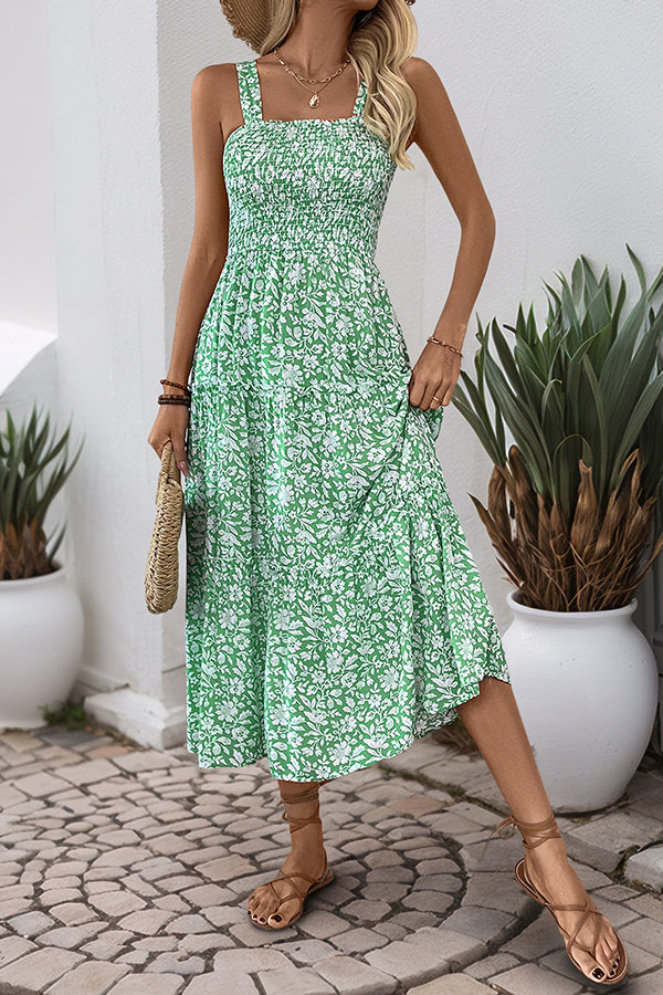 Fashion Smocked Floral Print High Waist Casual Dress