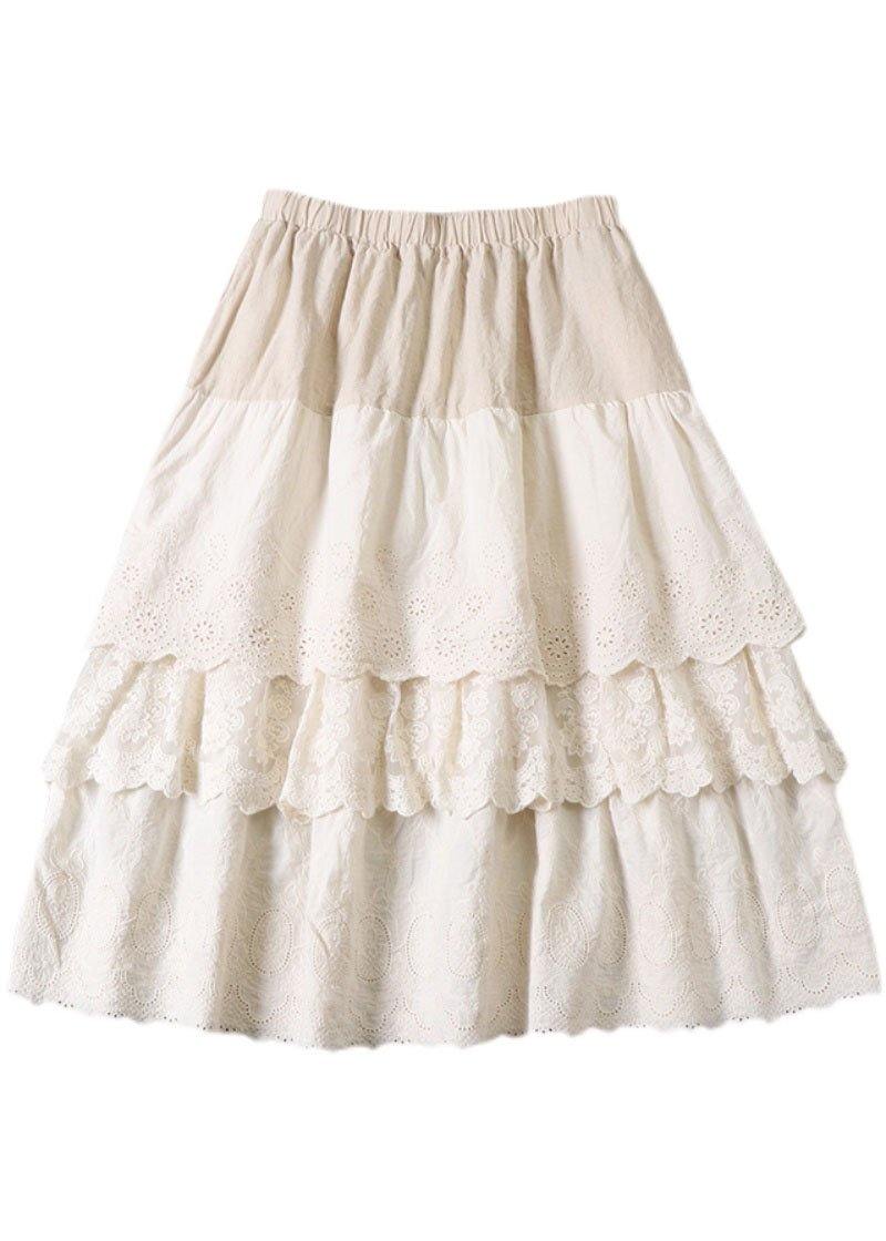 Plus Size Beige Embroidered Wrinkled Patchwork Fall Tiered Skirts