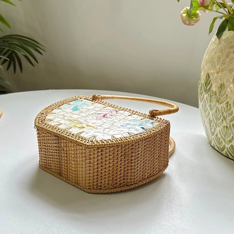Women's Medium Straw Flower Vintage Style Beach Weave String Straw Bag