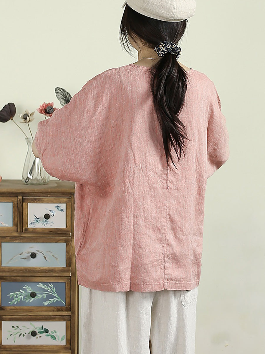 Women Summer Vintage Pure Color Spliced 100%Linen O-Neck Shirt