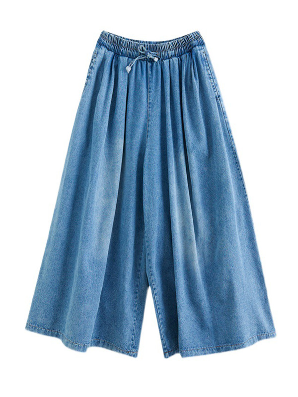 Simple Casual Loose Wide Leg Drawstring Jean Pants