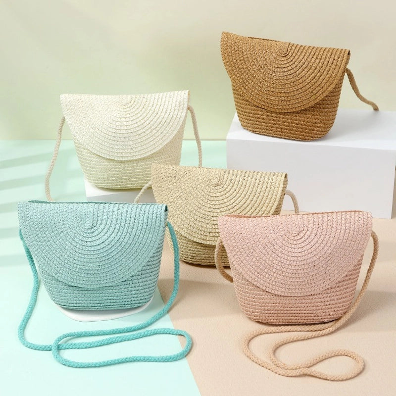 Women's Straw Solid Color Beach Weave Square Zipper Flip Cover Straw Bag