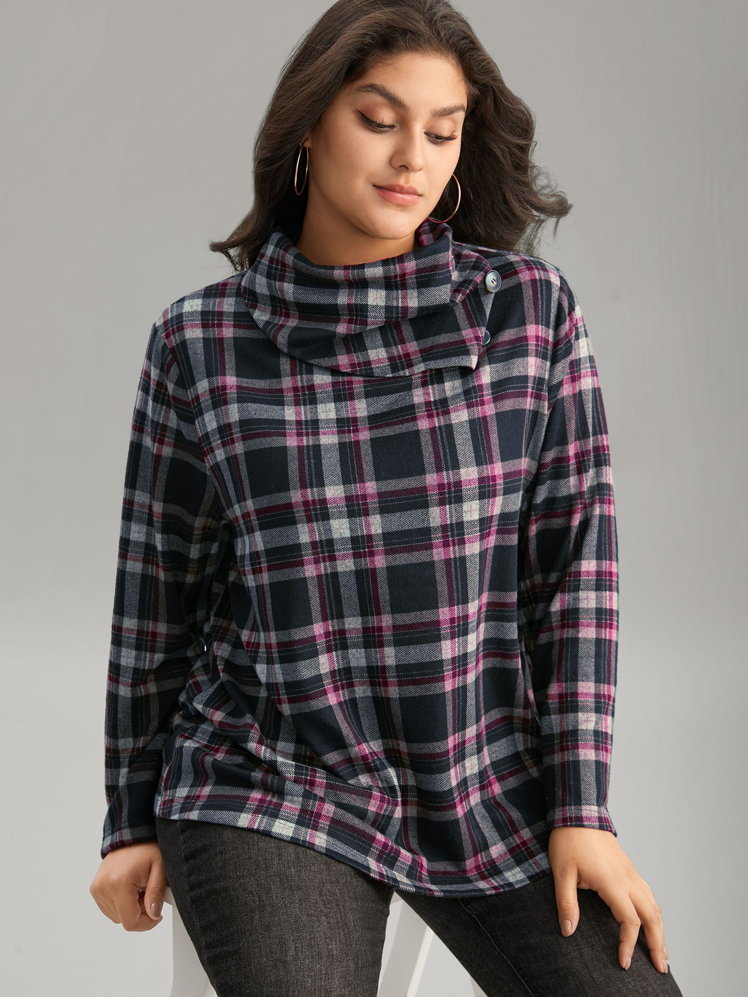 Plaid Funnel Neck Button Detail T-shirt