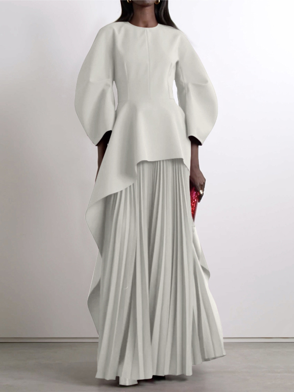 Long Sleeves Loose Pleated Solid Color Split-Joint Tiered Round-Neck Maxi Dresses