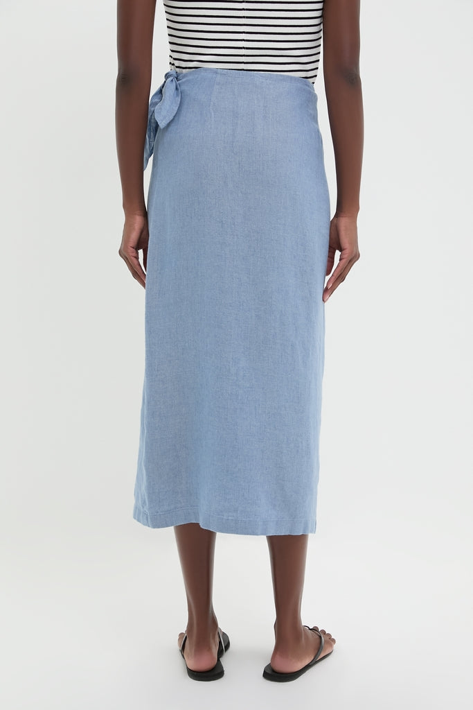 Channel Blue Delave Linen Tie Wrap Skirt