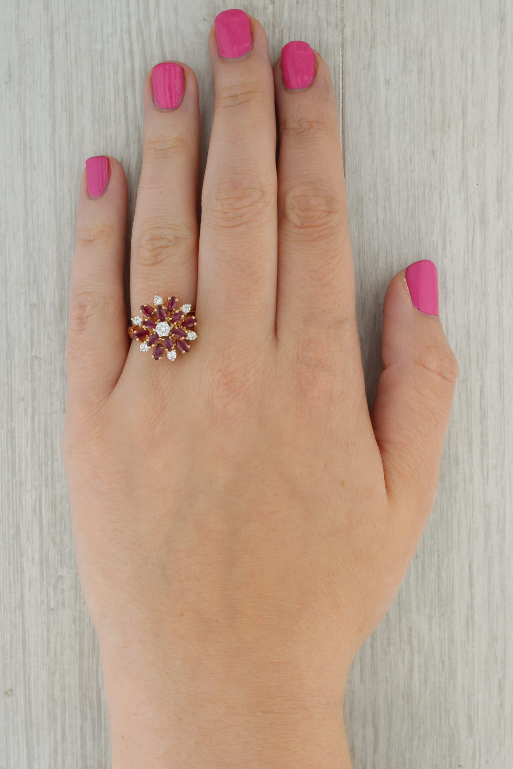 1.79ctw Ruby Diamond Cluster Flower Ring 14k Yellow Gold Size 8 Cocktail