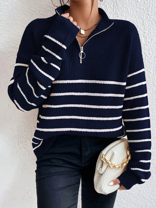 Casual Striped Zipper Shawl Collar Sweater