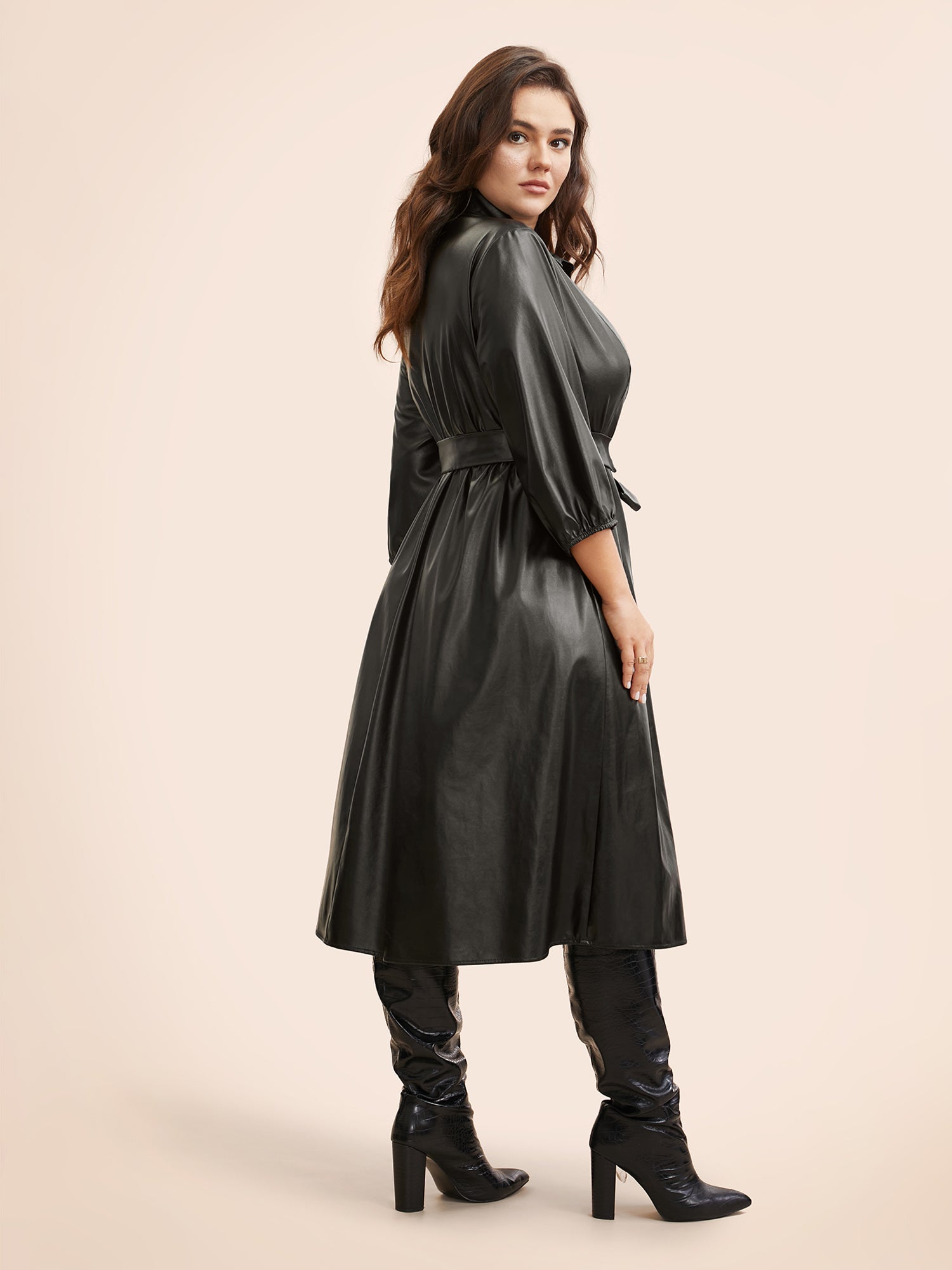 Shirt Collar PU Leather Belted Dress