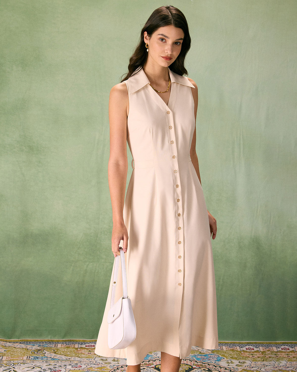 The Beige Collared Sleeveless Shirt Midi Dress