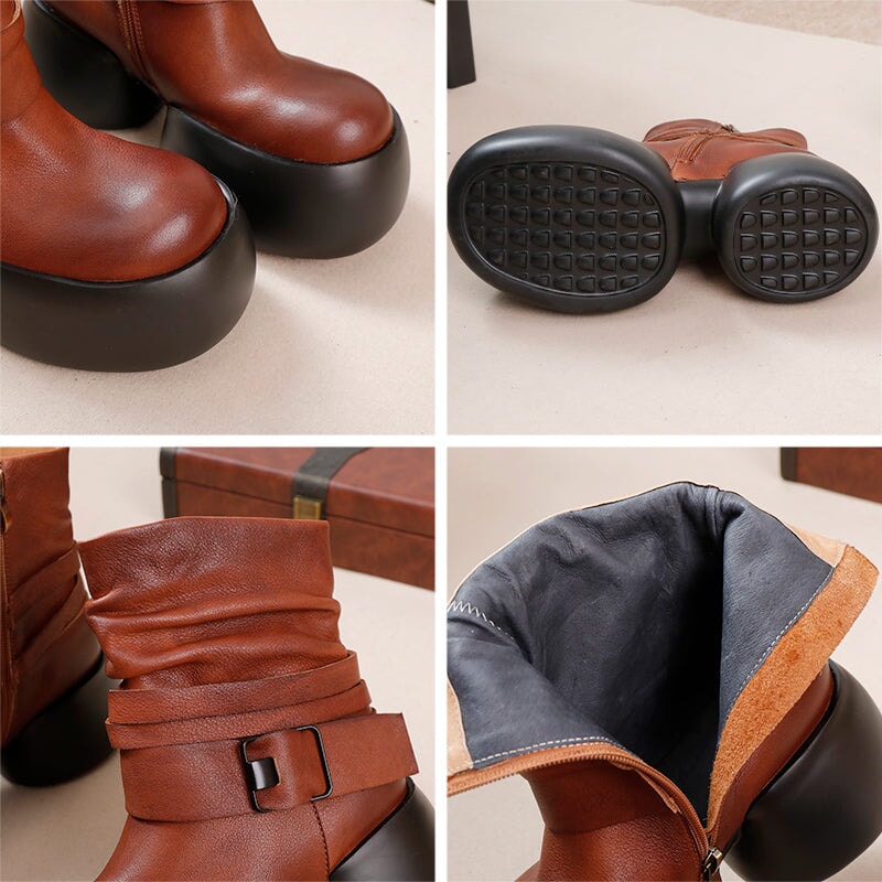 Handcrafted 75mm Platform Leather Slouch Boots for Women - Fall Collection in Black/Brown