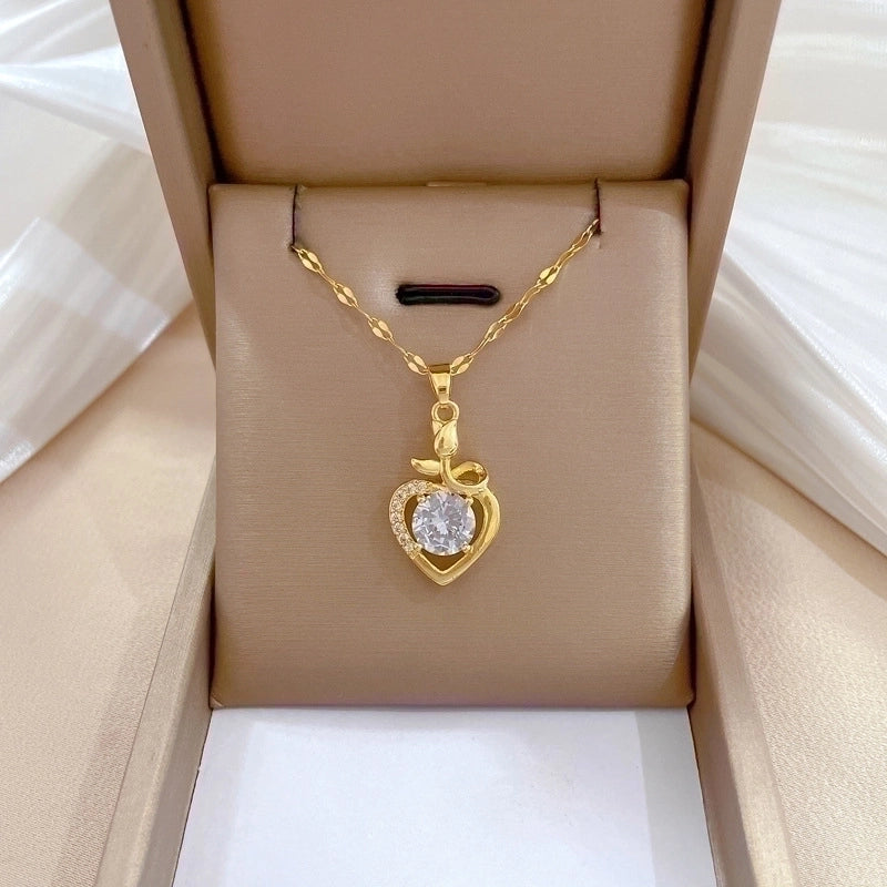 2 Pieces Minimalist Classic Style Geometric Heart Shape Titanium Steel Copper Zircon Pendant Necklace In Bulk