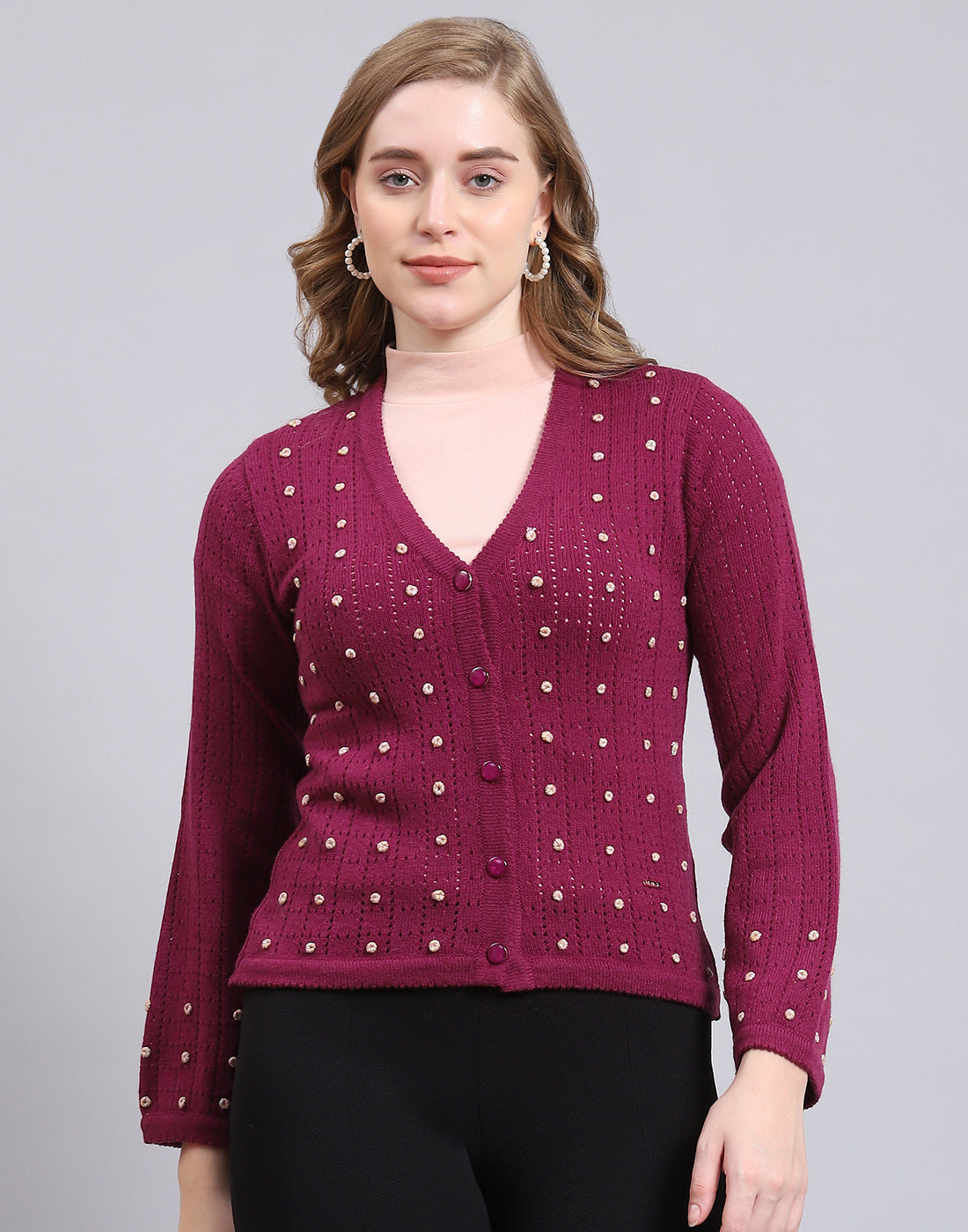 Women Purple Self Design V Neck Full Sleeve Cardigan