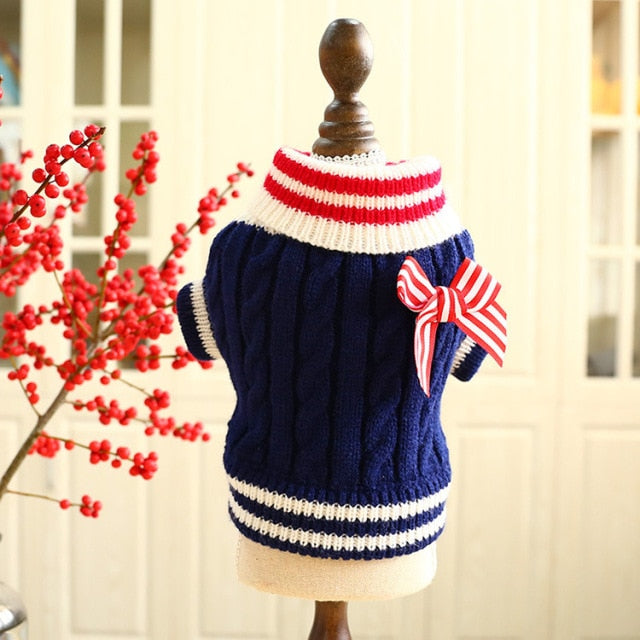 Striped Bowknot Knited Cat Dog Sweater