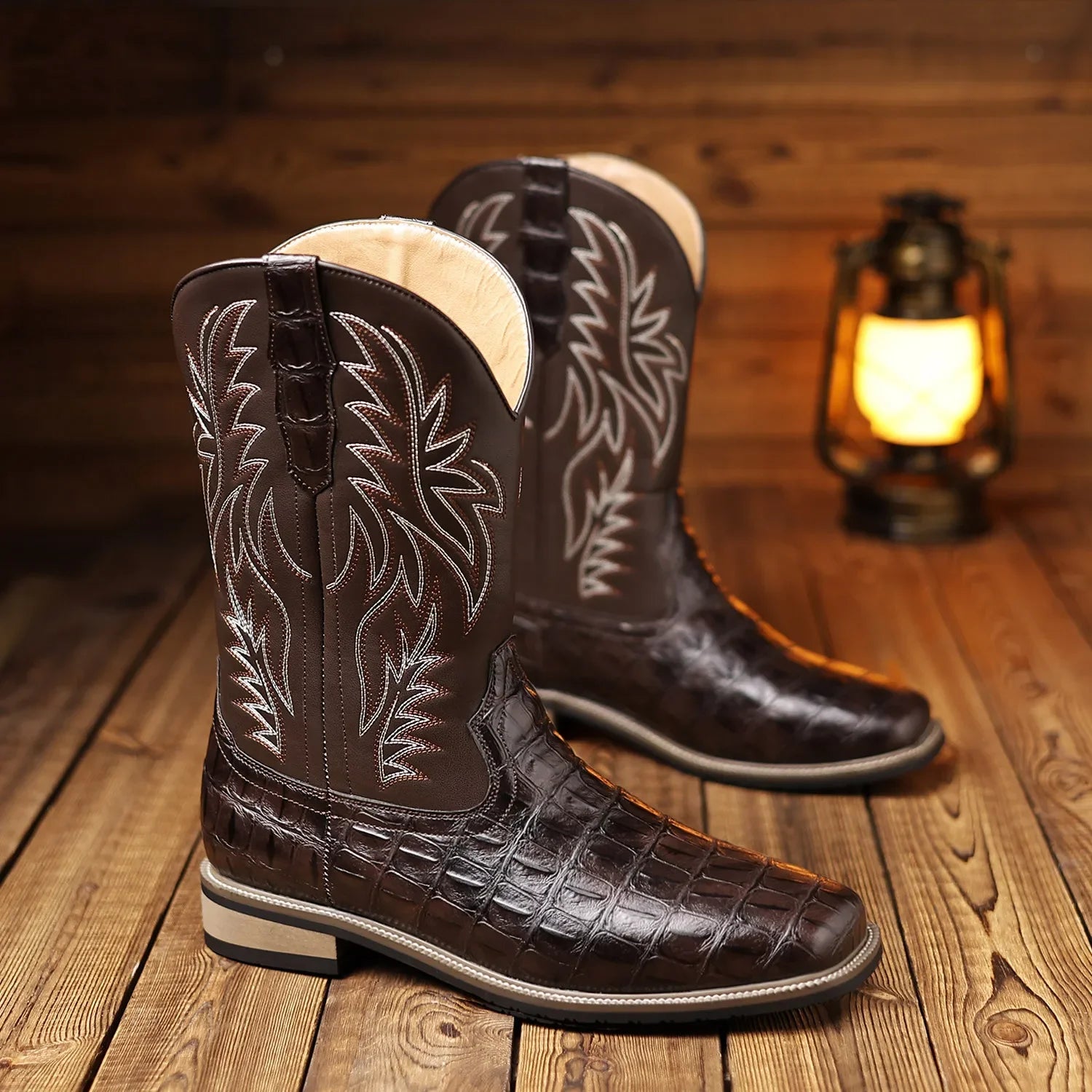 Mens Western Cowboy Boots Square Toe Embroidered Mid-Calf Crocodile