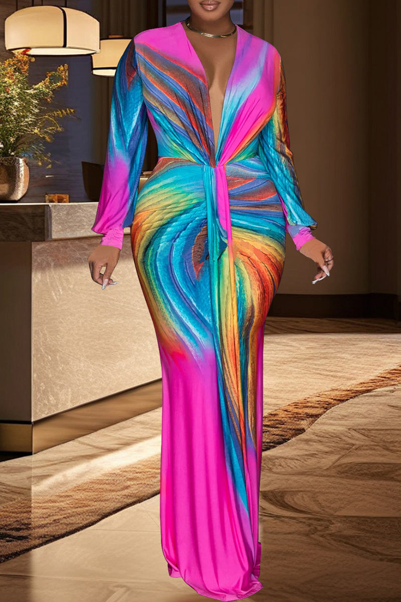 Celebrities Print Patchwork V Neck Long Dresses