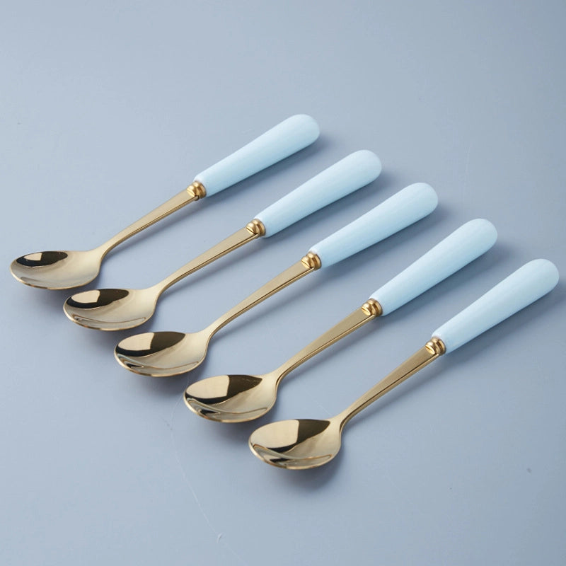 Simple Light Luxury Fruit Fork Spoon Ceramic Storage Cans Set Creative Fruit Sticks Household Stainless Steel Knife Fork Spoon