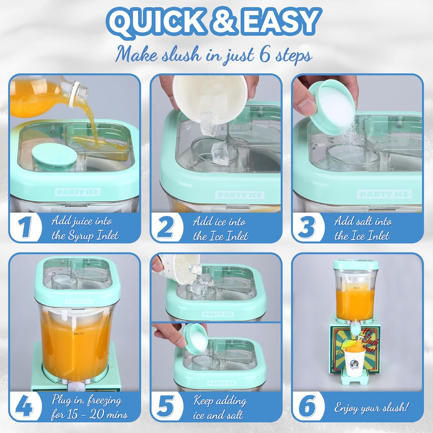 Slushie Machine for Home with 10 Cups & Spoon straws, Countertop Slushie Maker Frozen Drink Machine for Kitchen, Turn Any Sugary Drinks into Slushie, Aqua