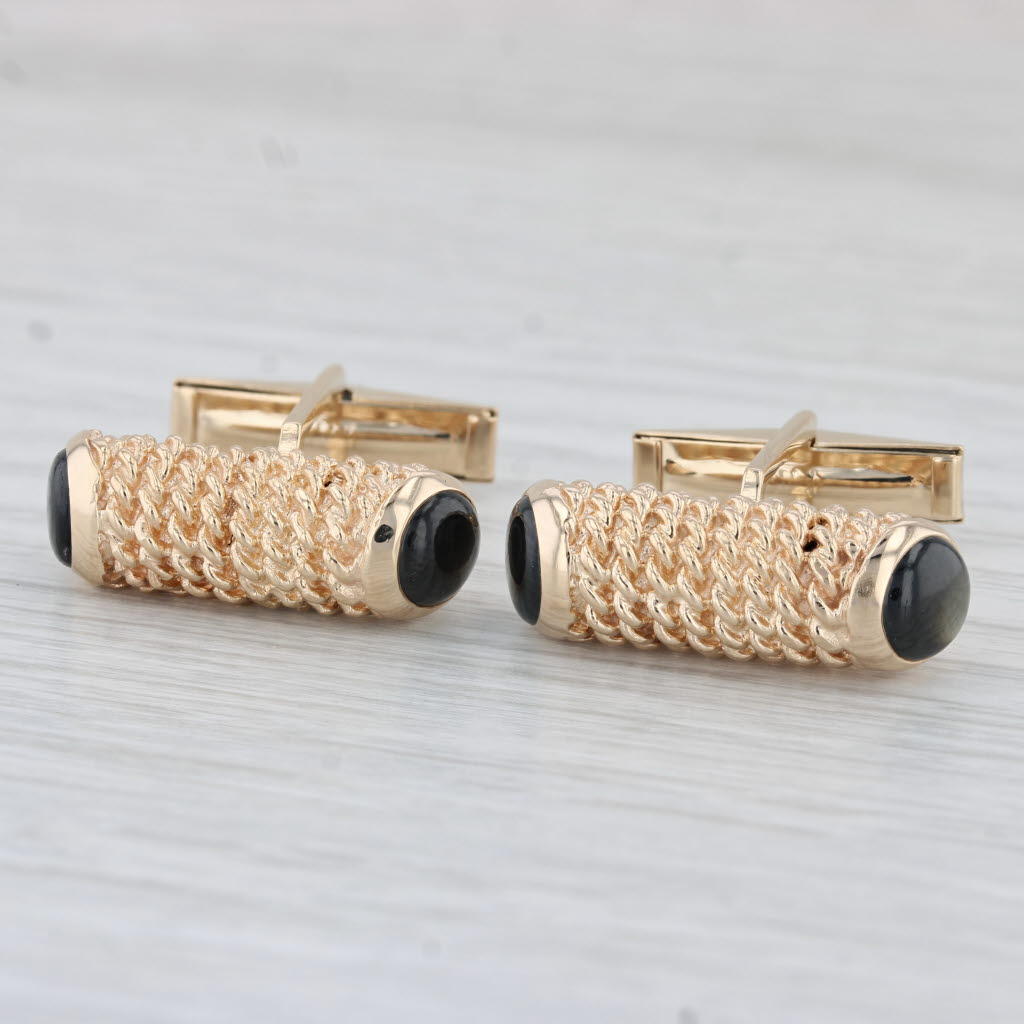 Black Star Sapphire Cufflinks 14k Yellow Gold Folding Backs Vintage