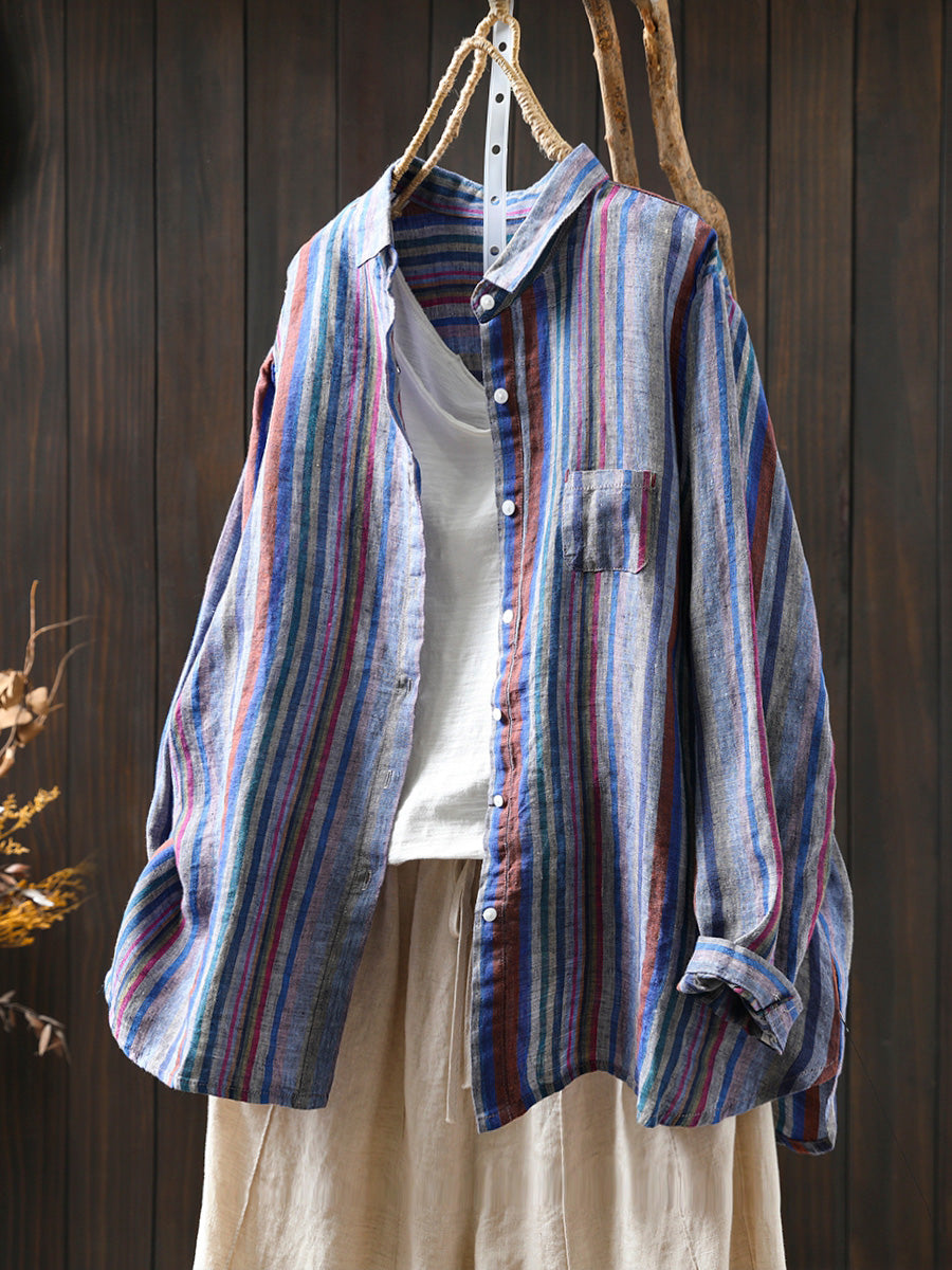 Women Summer Artsy Colorful Stripe 100%Linen Shirt