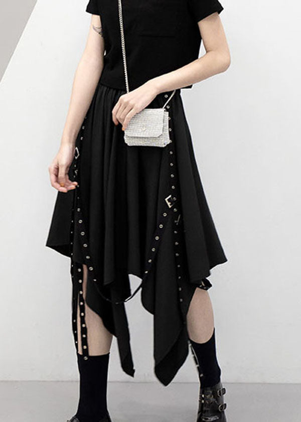 Streetwear Black Elastic Waist Asymmetrical Design Solid Color Skirt Summer