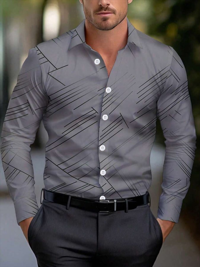 Men'sgeometric Stripe Design Business Casual Shirt