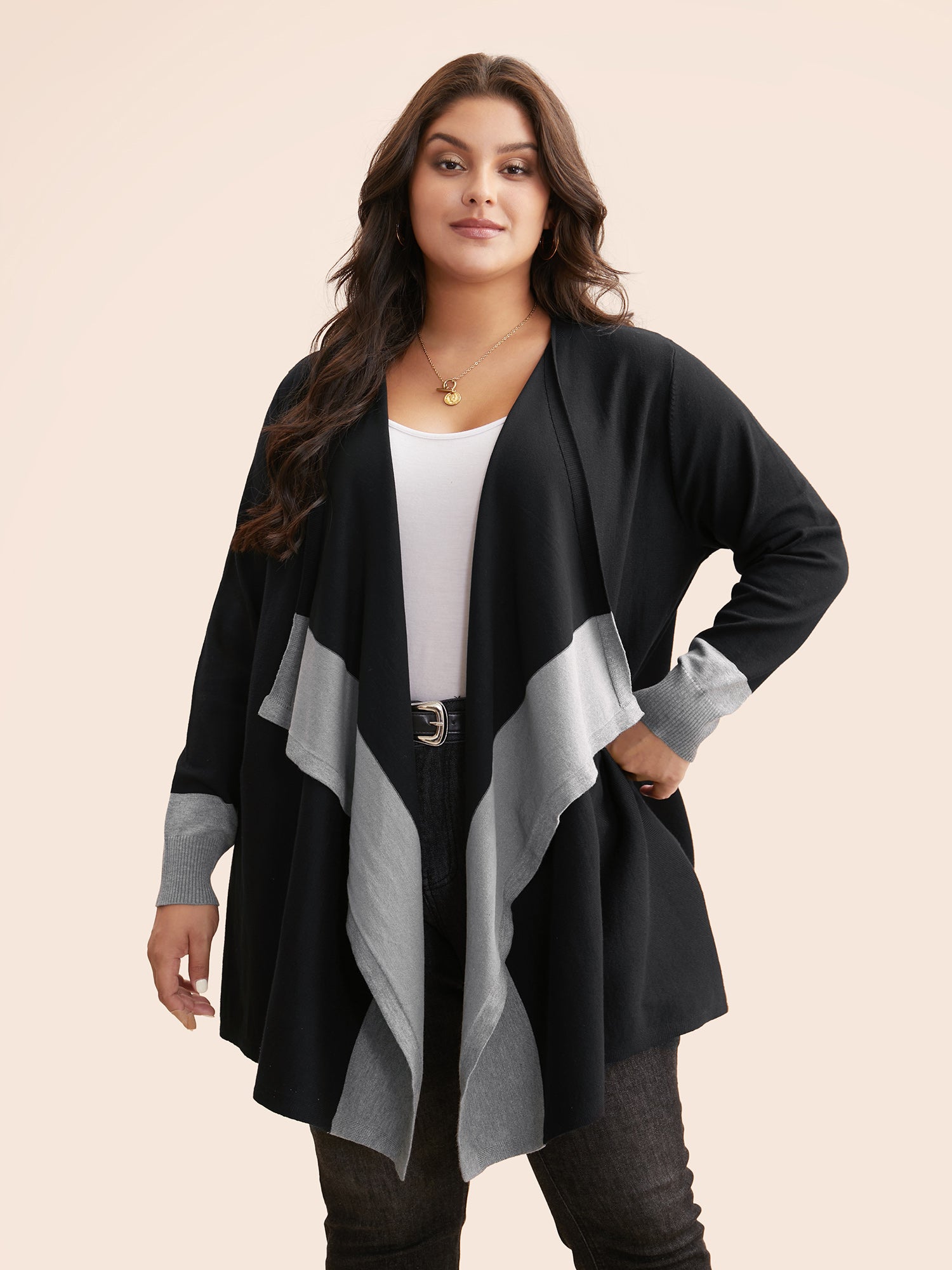 Contrast Kimono Collar Asymmetrical Hem Cardigan