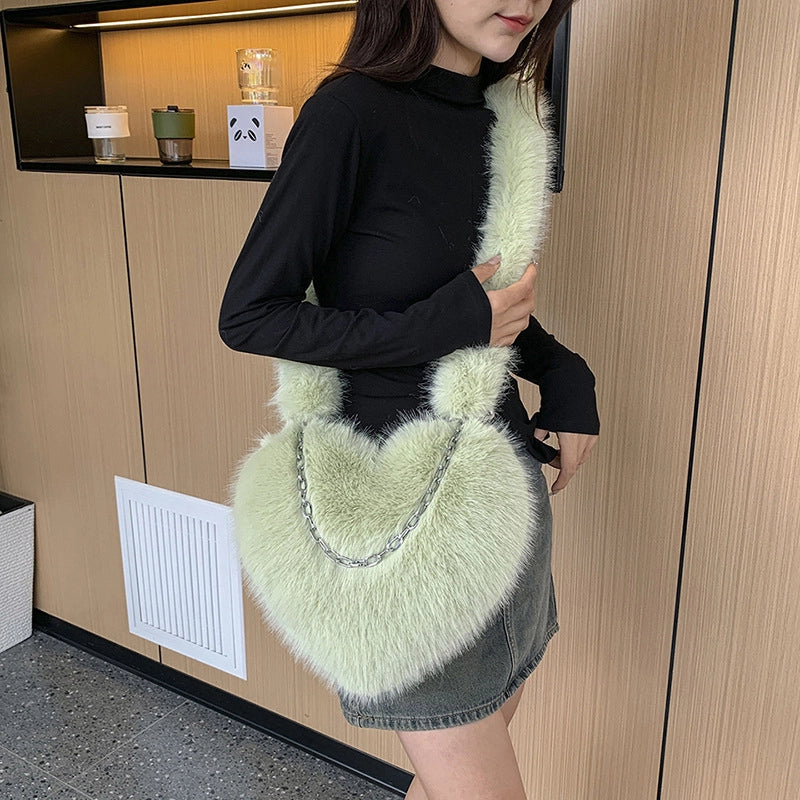 Women's Plush Solid Color Cute Heart-shaped Zipper Crossbody Bag