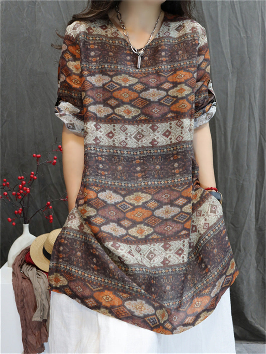 Women Summer Retro Geometric V-Neck 100%Ramie Shirt