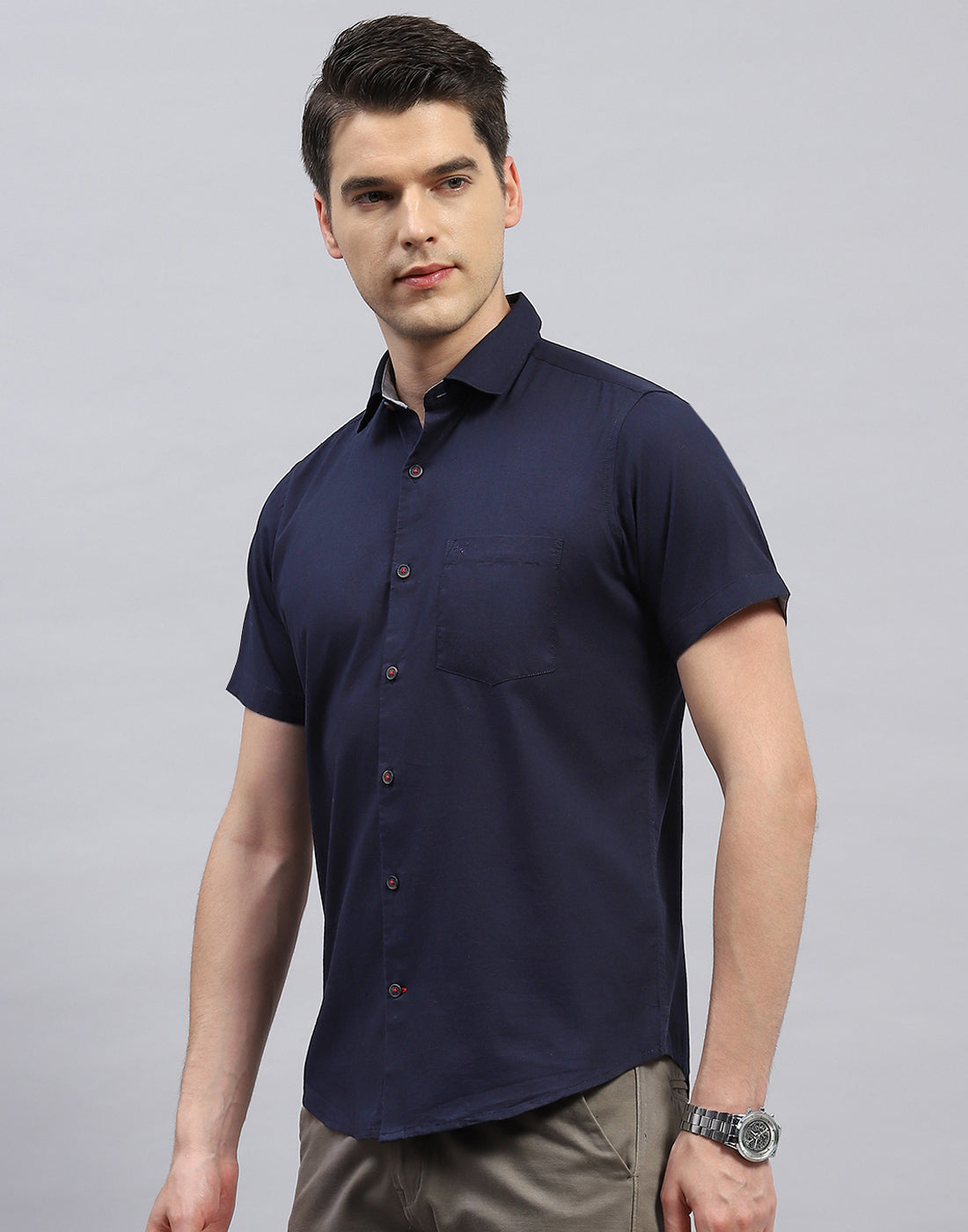 Men Navy Blue Solid Collar Half Sleeve Shirt