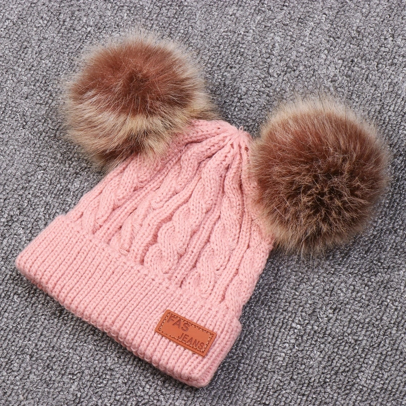 Autumn And Winter Children's Thickened Wool Hat Ear Double Hair Ball Warm Ear Protection Knitted Hat Set With Standard Solid Color Hat