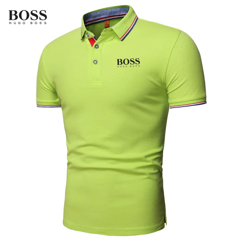 Boss Shirt Men Button Stand Collar Short Sleeve Polo Shirts