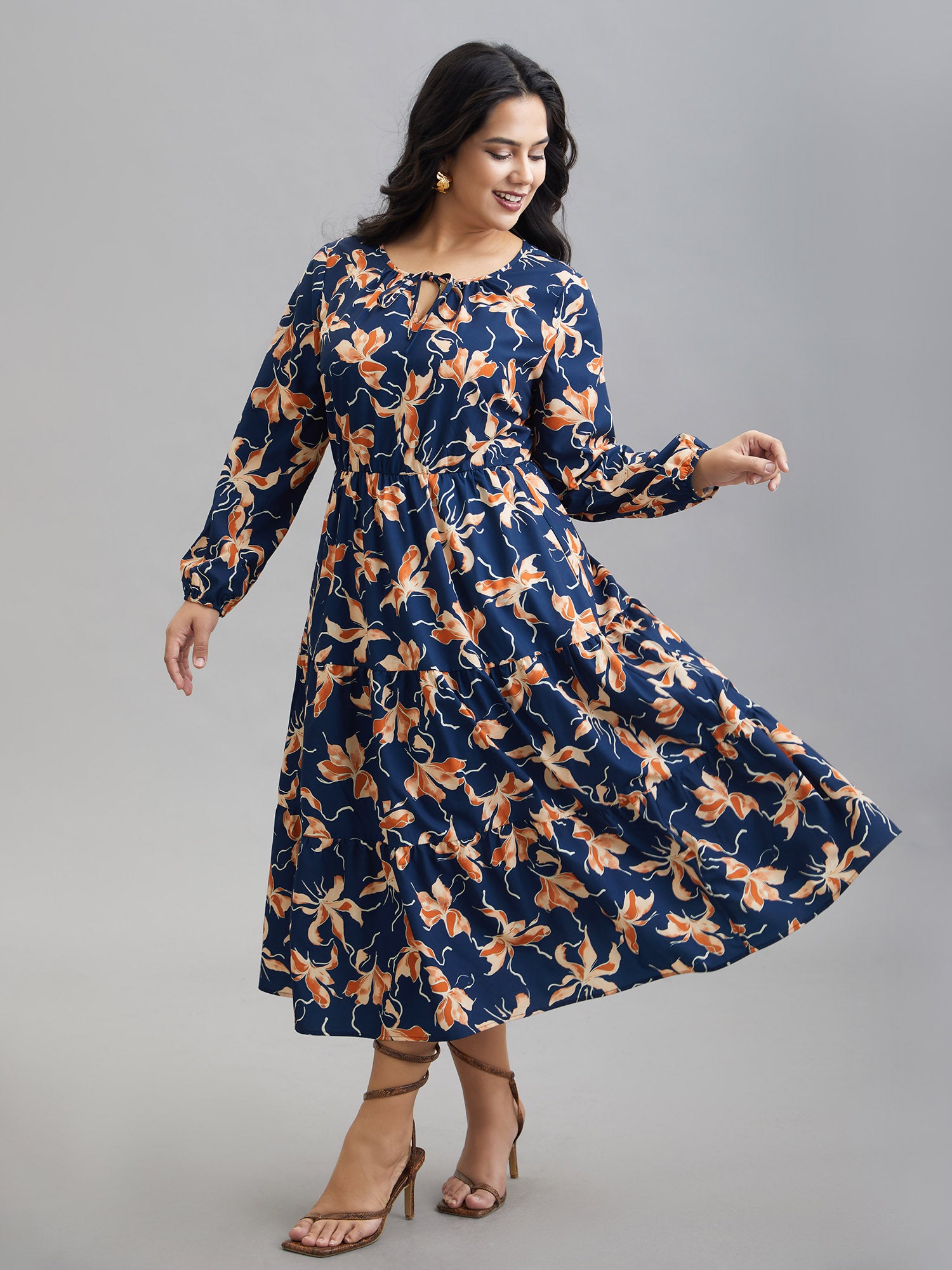 Tropical Flower Print Pockets Waist-Tie Midi Dress
