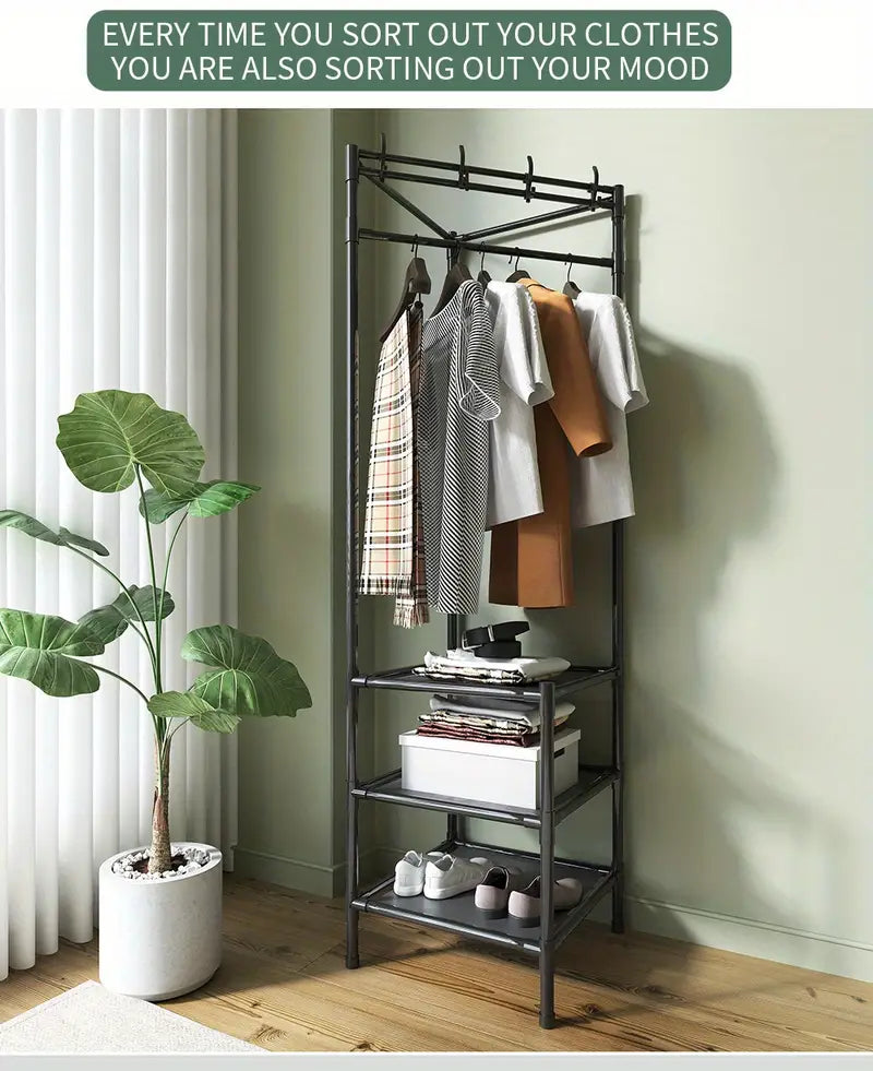 1pc Corner Coat Rack. Free Standing Coat Rack. With 3 Layers Storage Shelves And 4 Double Hooks. Living Room. Bathroom. Hallway Shoe Rack Organizer