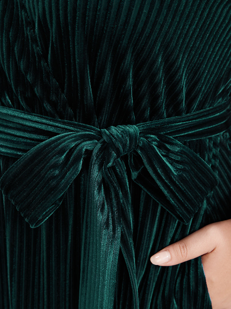Striped Velvet Pocket Lantern Sleeve Belted Wrap Dress