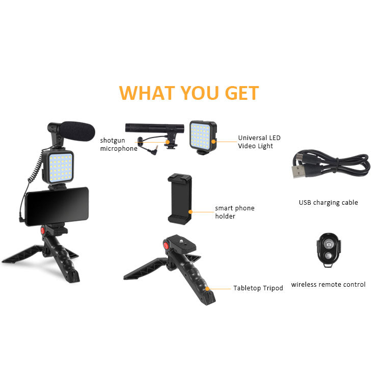 Vlogging Kit for Video Making (Mini Tripod Stand. Mic. LED Light & Phone Holder Clip)