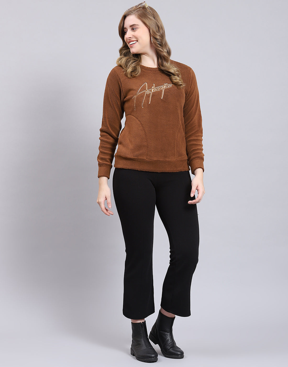 Women Brown Embroidered Round Neck Full Sleeve Sweatshirt