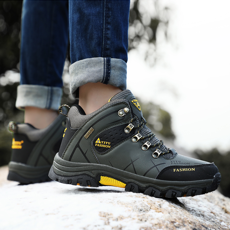 business Men's Boots Black Outdoor Non-slip Hiking Boots Leather Waterproof Men Sneakers Work Shoes Winter Plush  platform combat boots