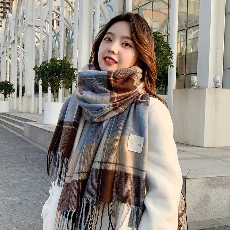 Women's Elegant Minimalist Lattice Imitation Cashmere Tassel Scarf
