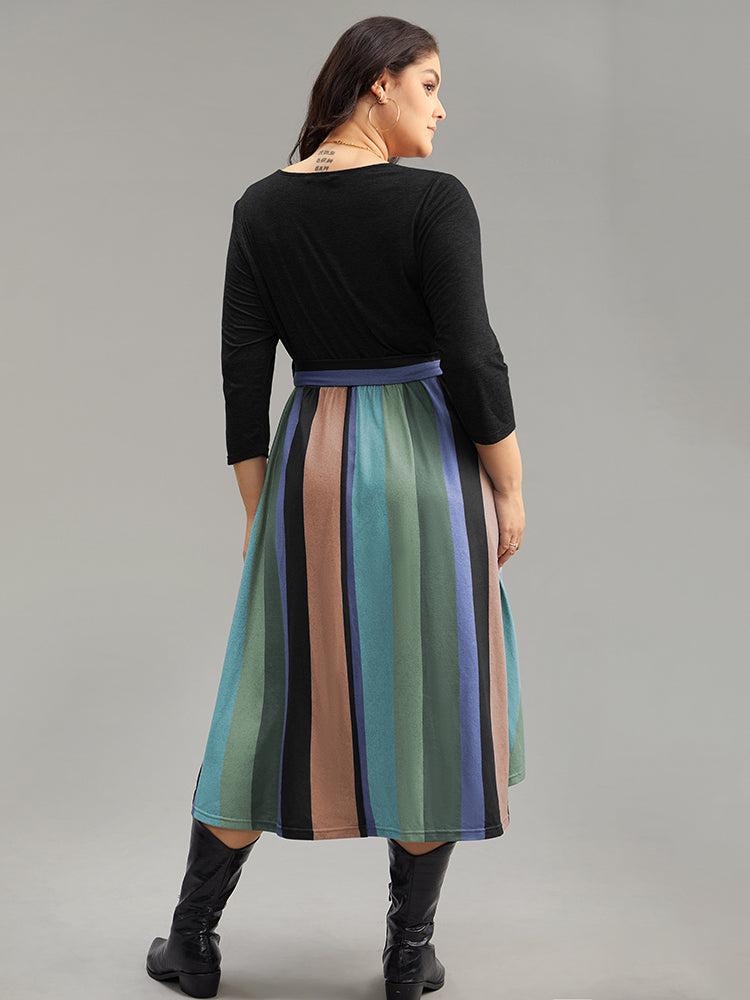 Striped Contrast Patchwork Belted Dress