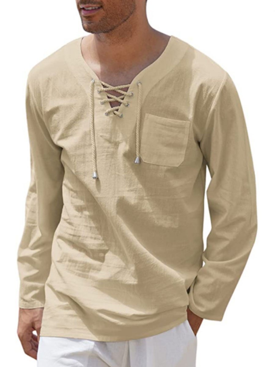 7-pack Woven Cotton And Linen Fashion Casual Lace-up V-neck Long Sleeve Shirt Top