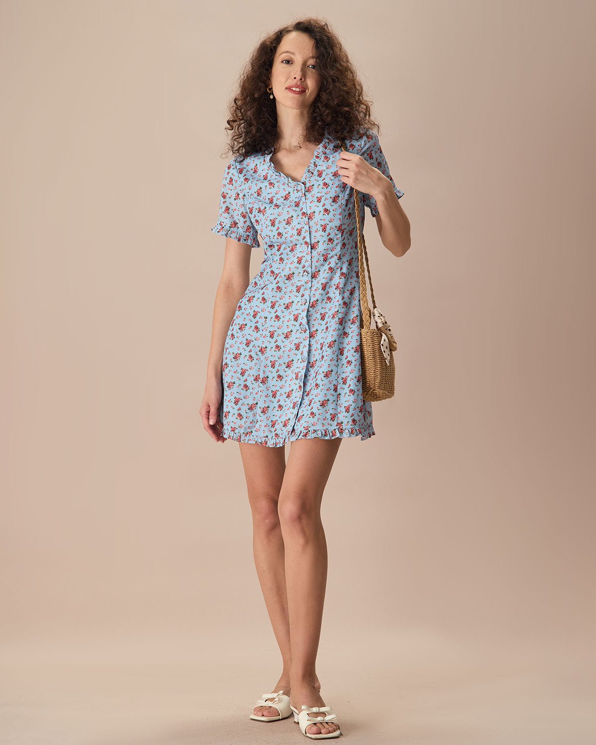 The Blue V Neck Frill Trim Floral Mini Dress
