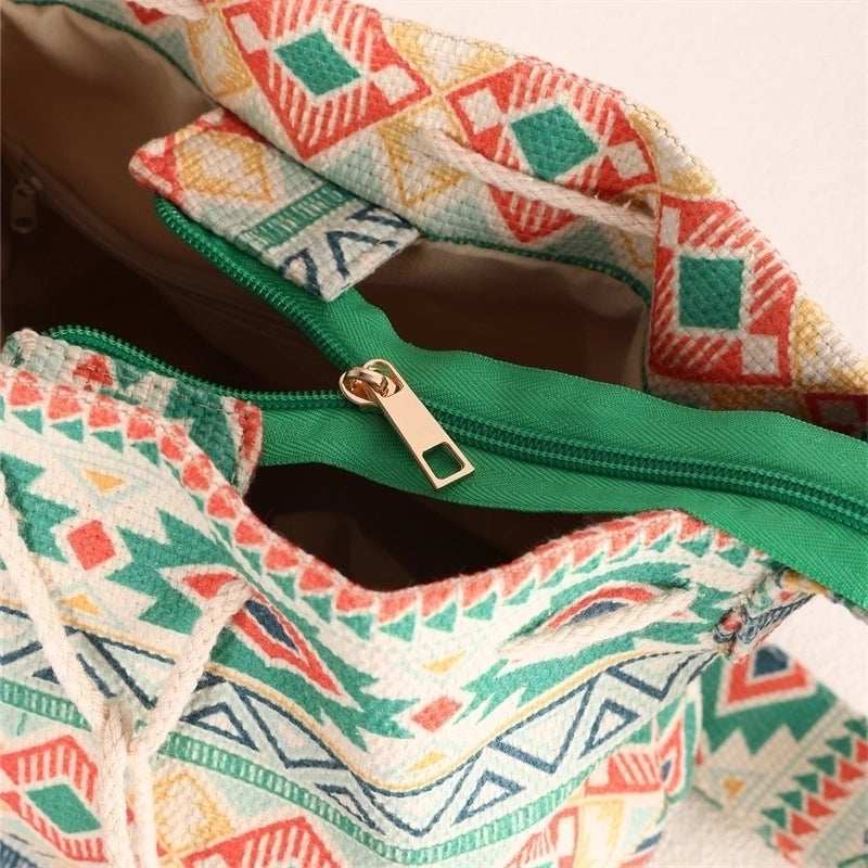 Women's Medium Canvas Geometric Ethnic Style Bucket Open Bucket Bag