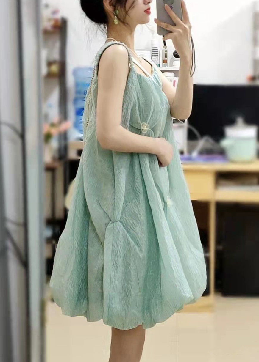 Elegant Green Square Collar Original Design Cotton Spaghetti Strap Dress Sleeveless
