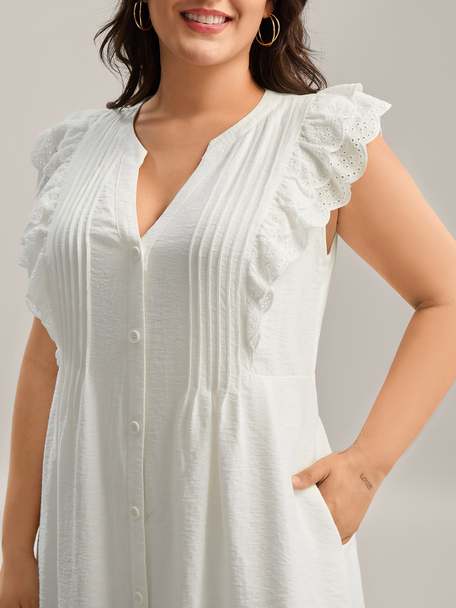 Lace Trim Pleated Button Shirt Dress