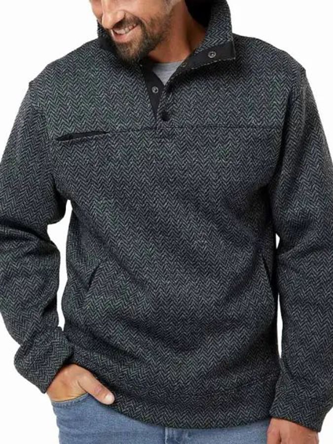 Men's Western Style Herringbone Design Patchwork Stand Collar Button Sweatshirt