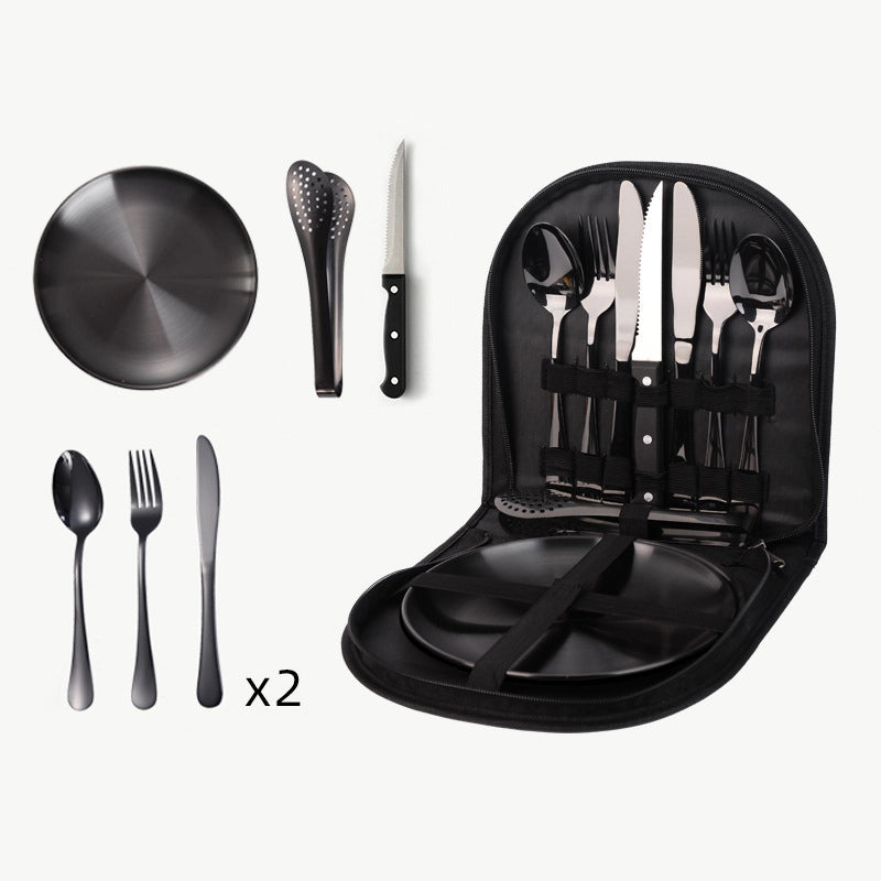 Outdoor Travel Stainless Steel Tableware Camping Picnic Barbecue Plate Clip Steak Knife. Fork And Spoon Suit Portable Storage Bag