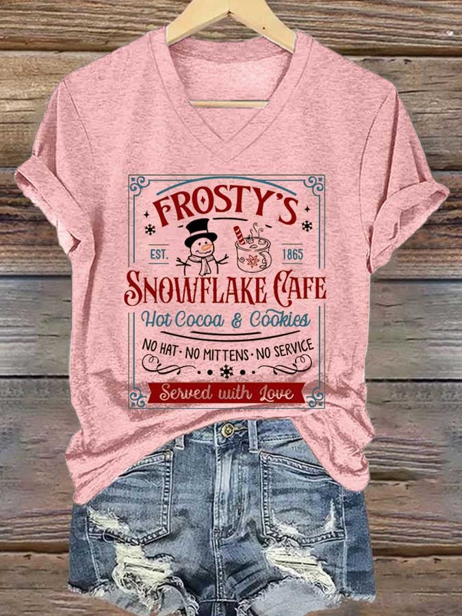 Women's Frosty Snowflake Cafe Hot Cocoa And Cookies Christmas Print T-Shirt